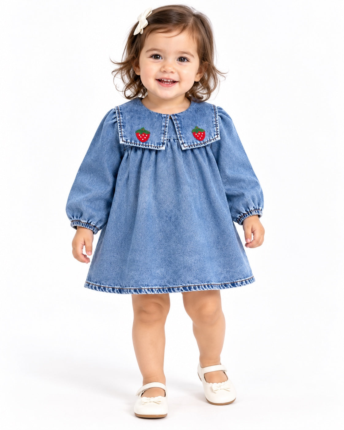 Abito bambina Marùi in denim con colletto e fragoline ricamate
