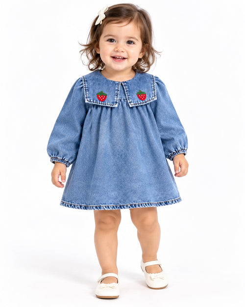 Abito bambina Marùi in denim con colletto e fragoline ricamate