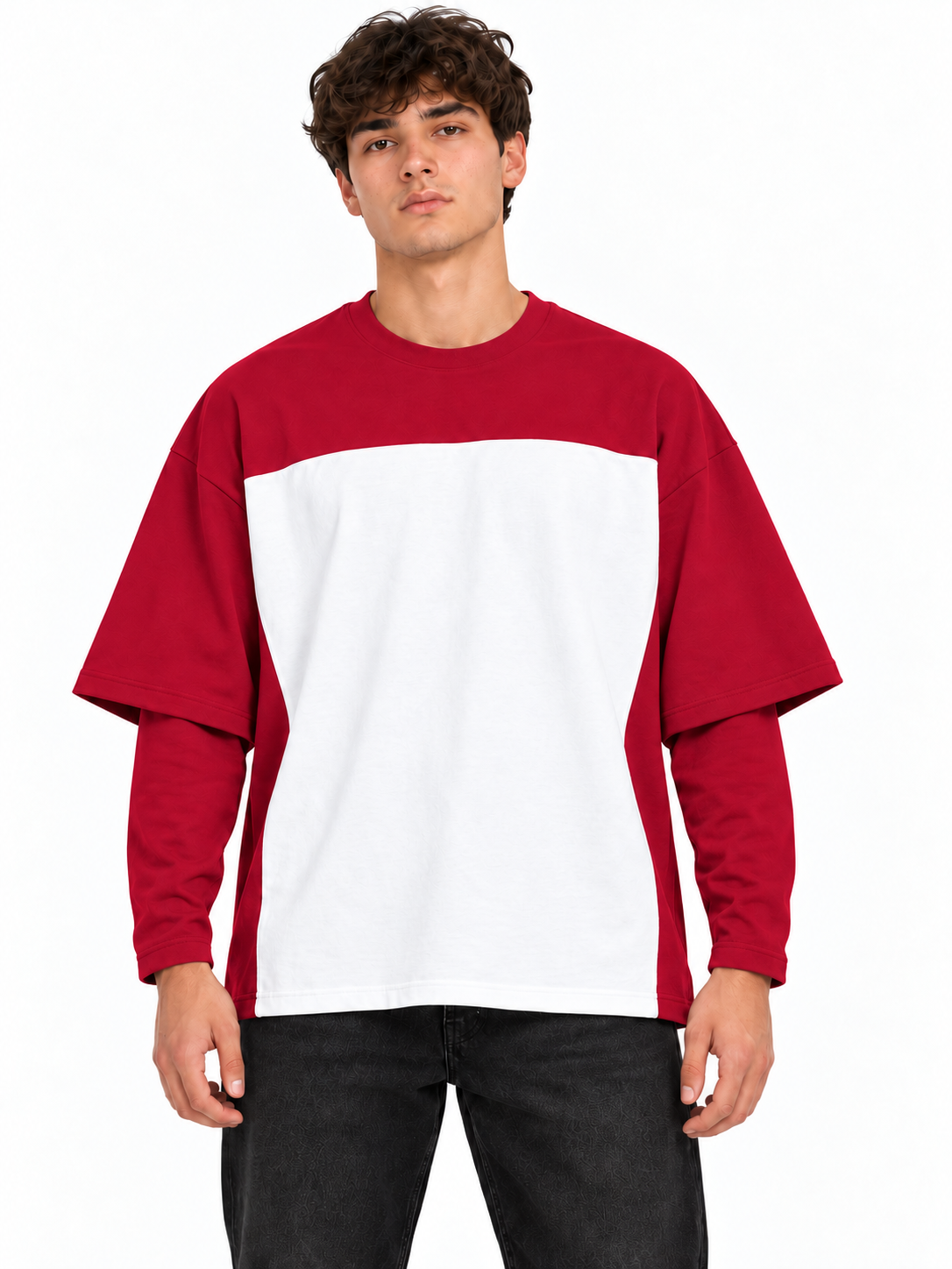 Long sleeve Archivio oversize Rosso/bianco indossata