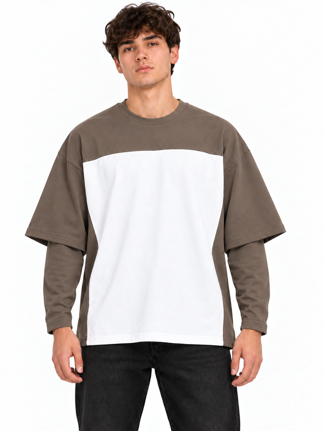 Long sleeve Archivio oversize Tortora/bianco indossata