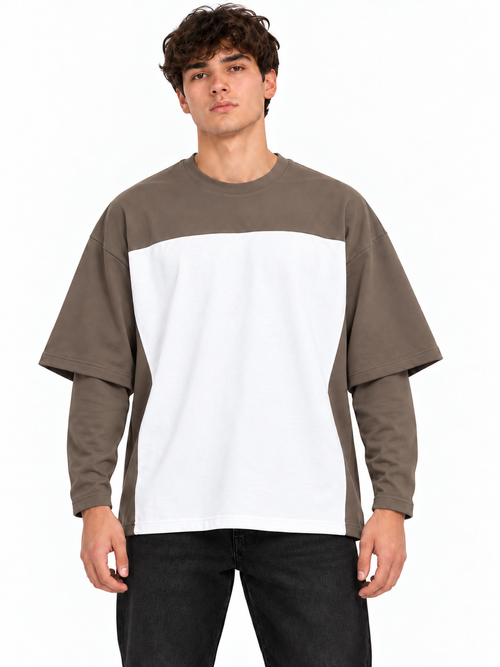 Long sleeve Archivio oversize Tortora/bianco indossata