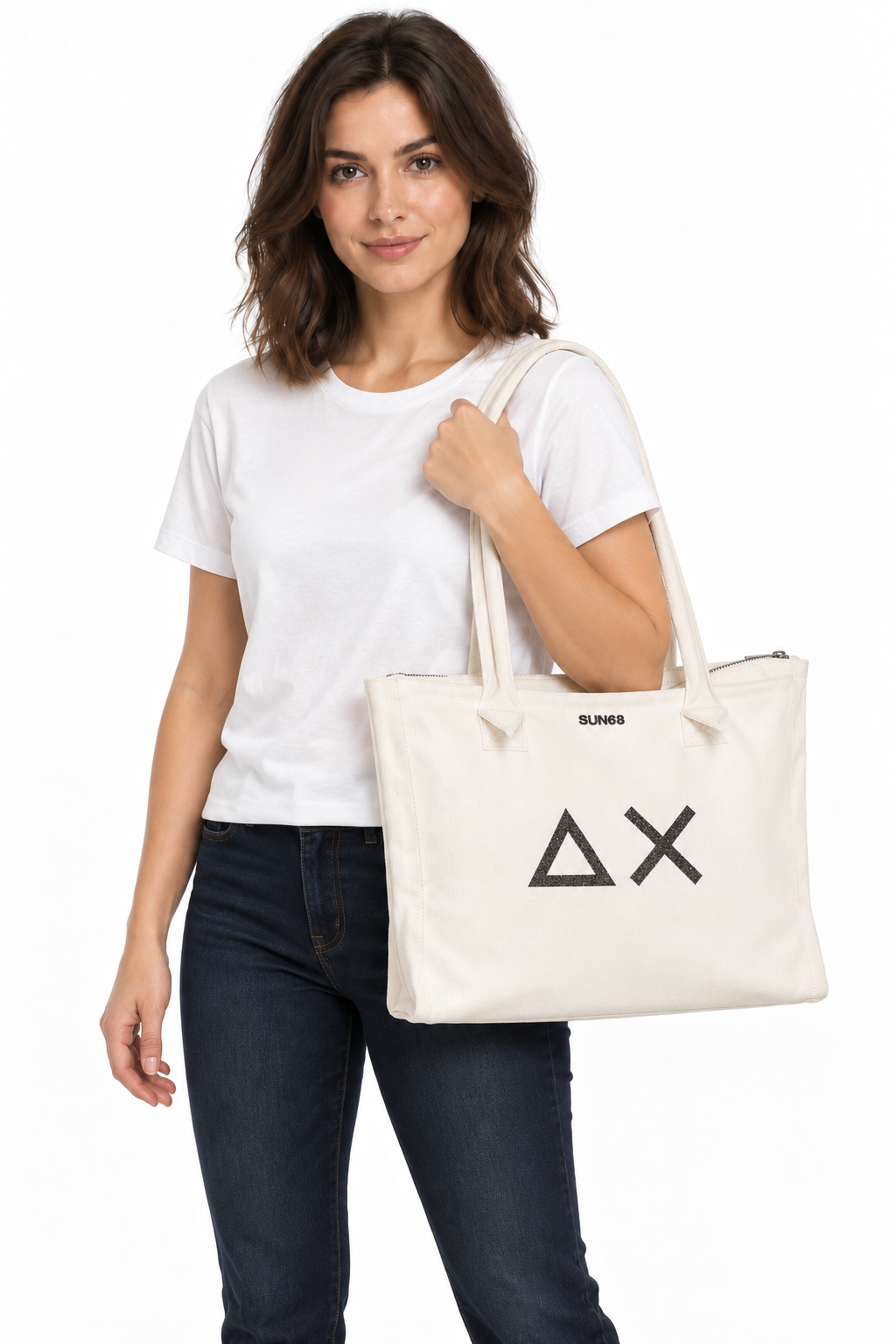 Borsa donna SUN68 panna con logo glitter