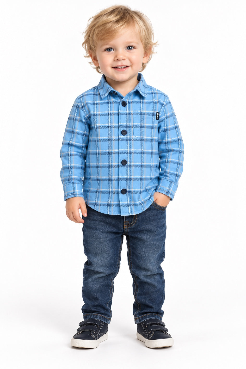 Camicia bambino azzurra a quadri - fronte