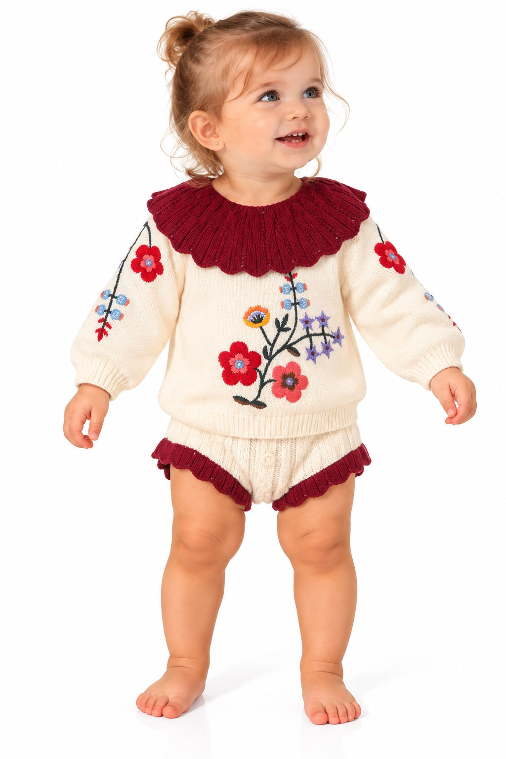 Completo bambina Linea Marùi in maglia panna con fiori e dettagli bordeaux