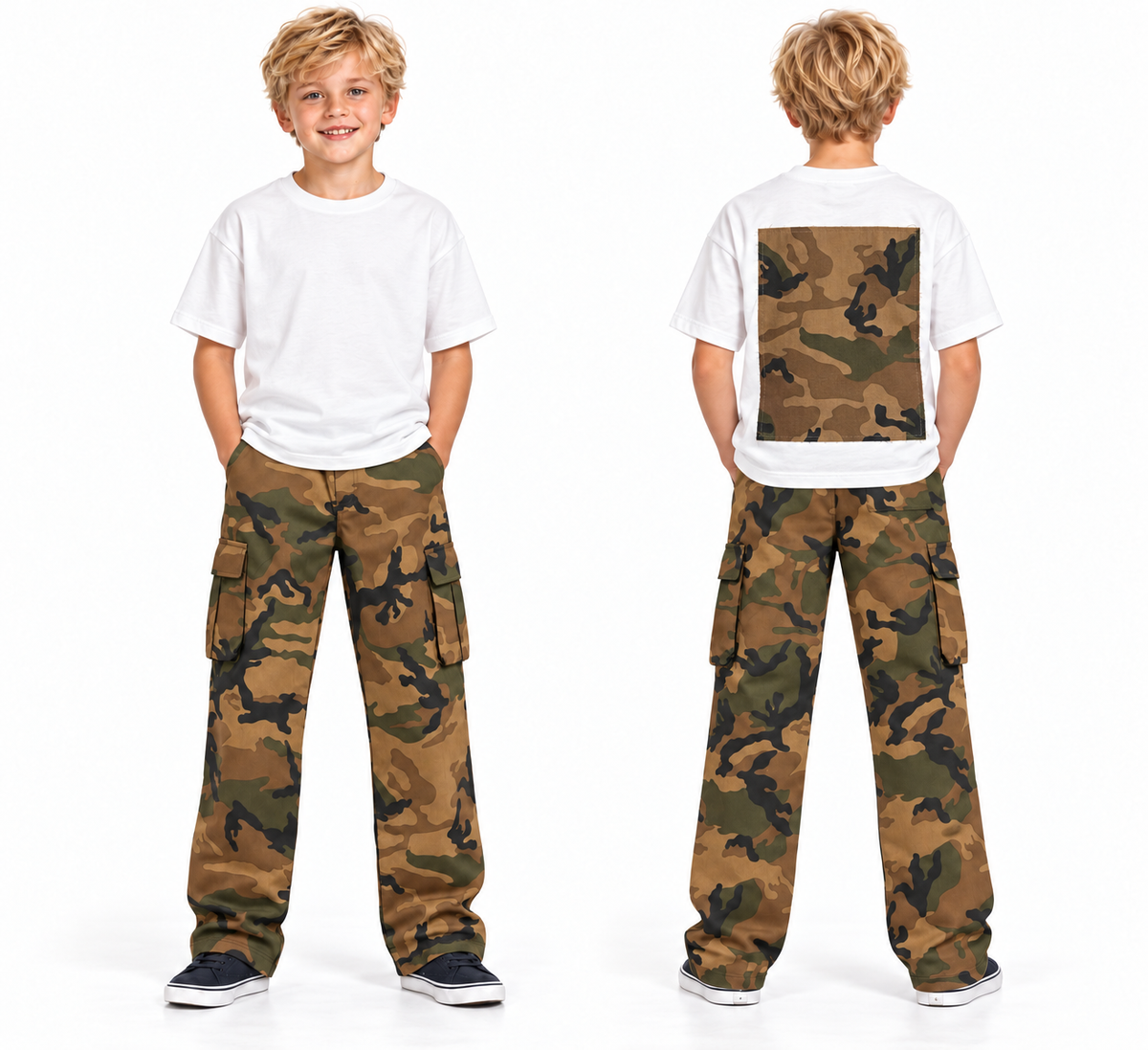 Completo bambino Reset 2.0 bianco e mimetico indossato, fronte e retro