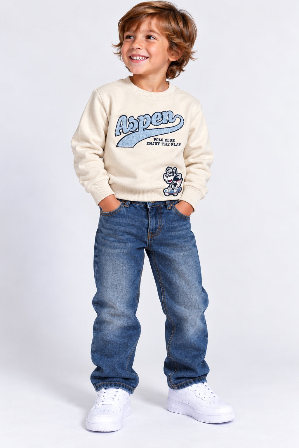 Felpa bambino Aspen Polo Club panna con logo azzurro e patch skateboard