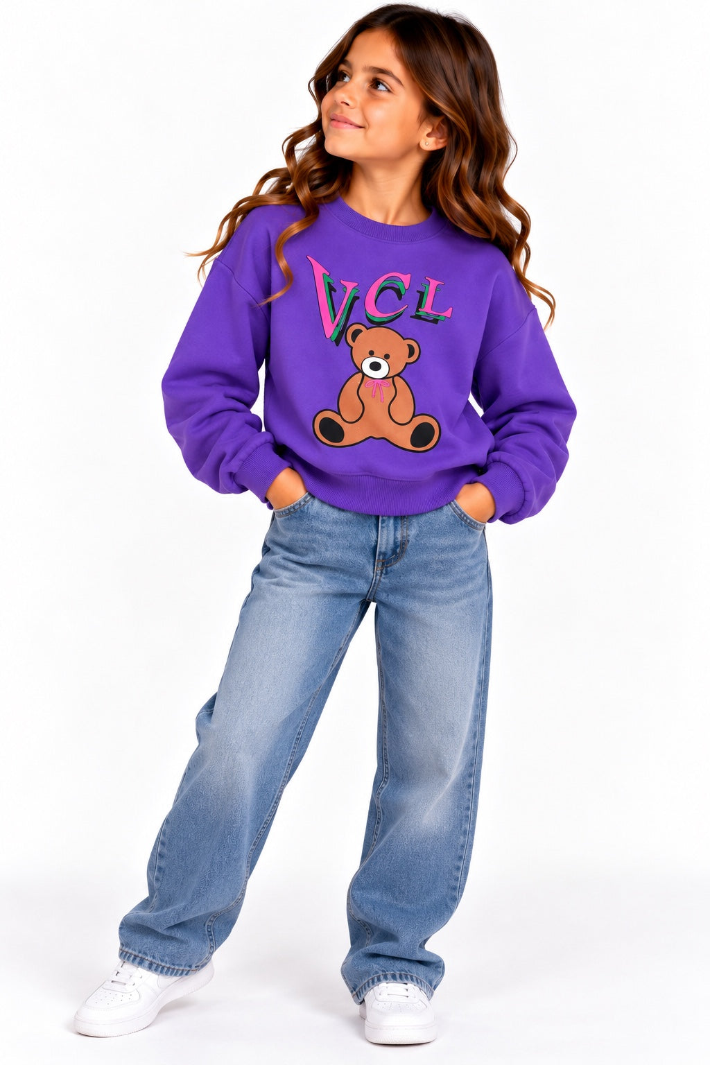Felpa bambina Vicolo viola con orsetto e scritta VCL