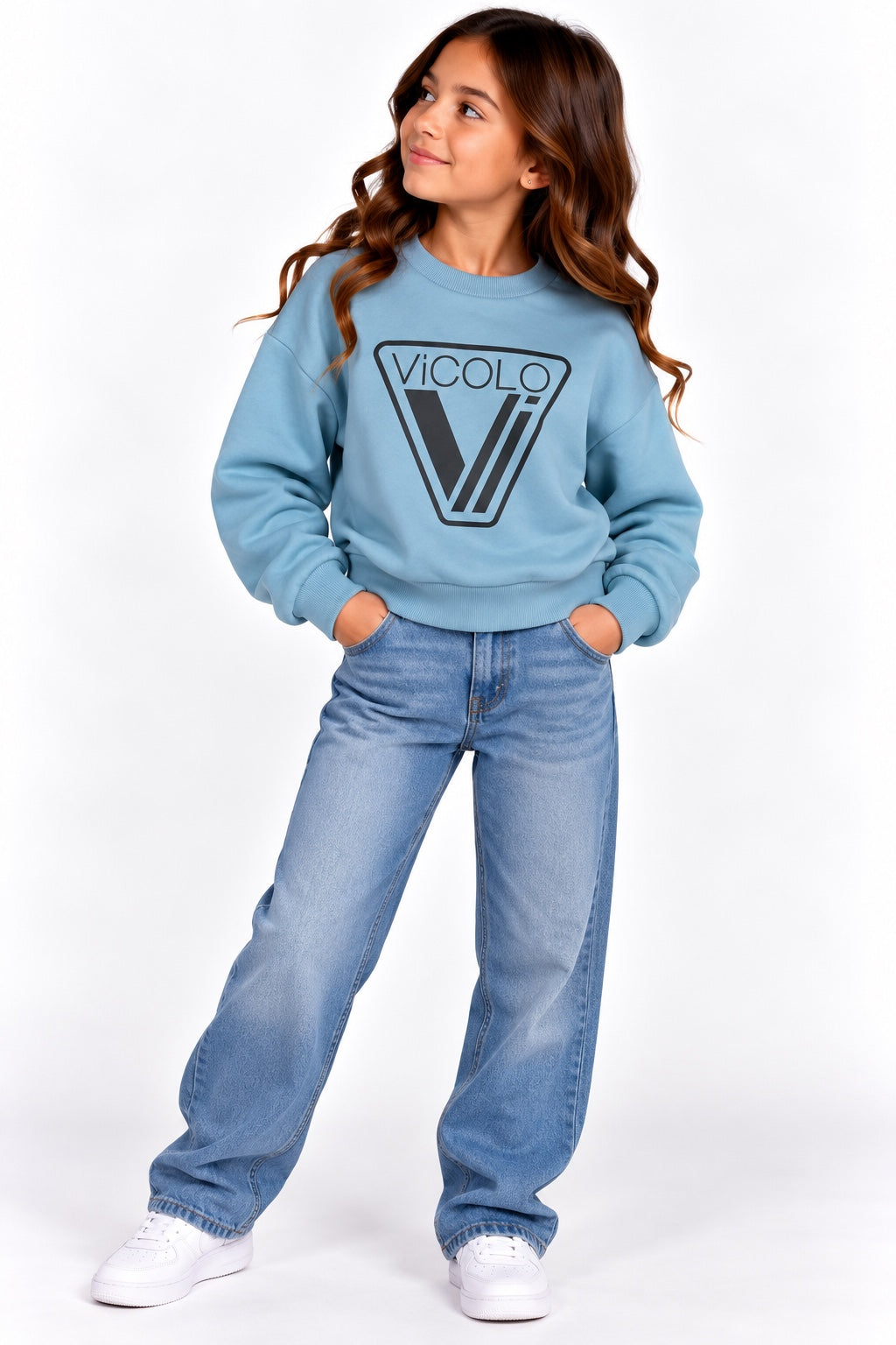 Felpa bambina Vicolo azzurra con logo triangolare nero