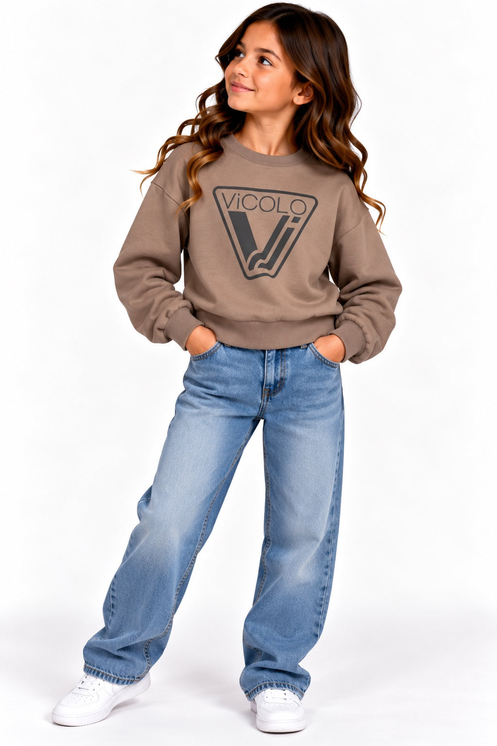 Felpa bambina Vicolo tortora con logo triangolare scuro