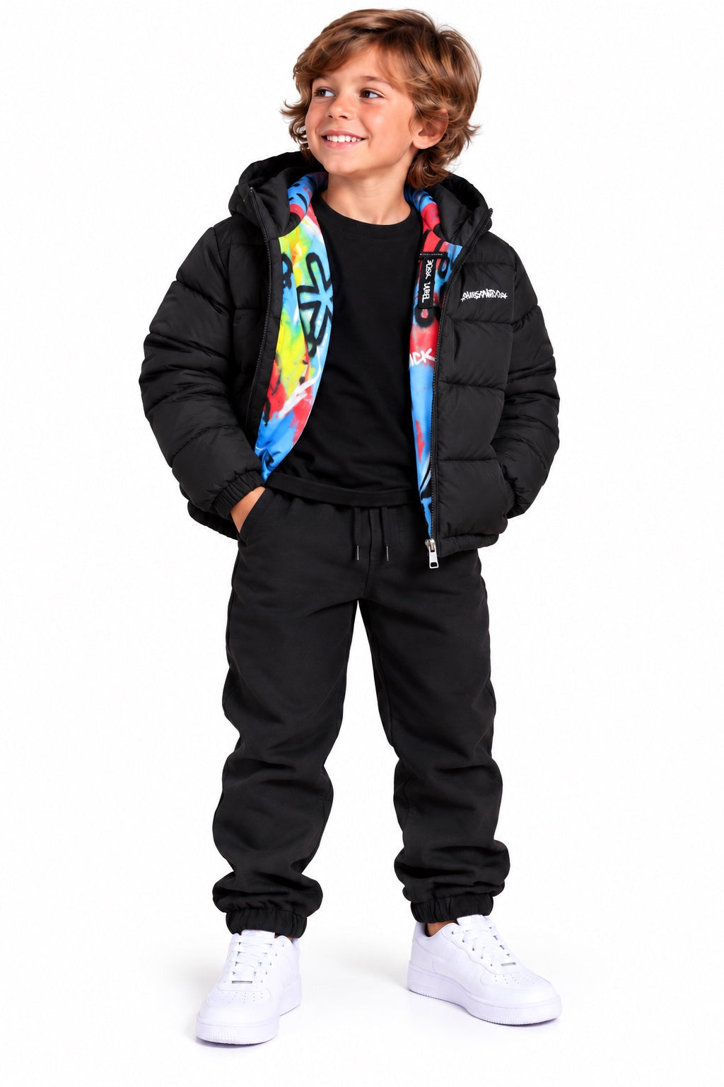 Giubbino bambino Alessandrini nero con cappuccio e fodera multicolore