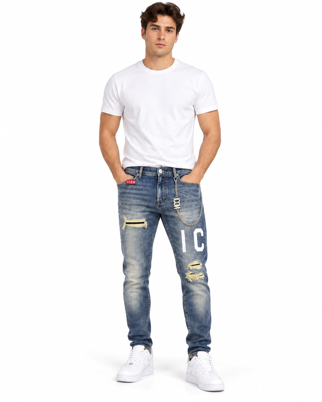 Jeans ICON blu con strappi e scritte - fronte