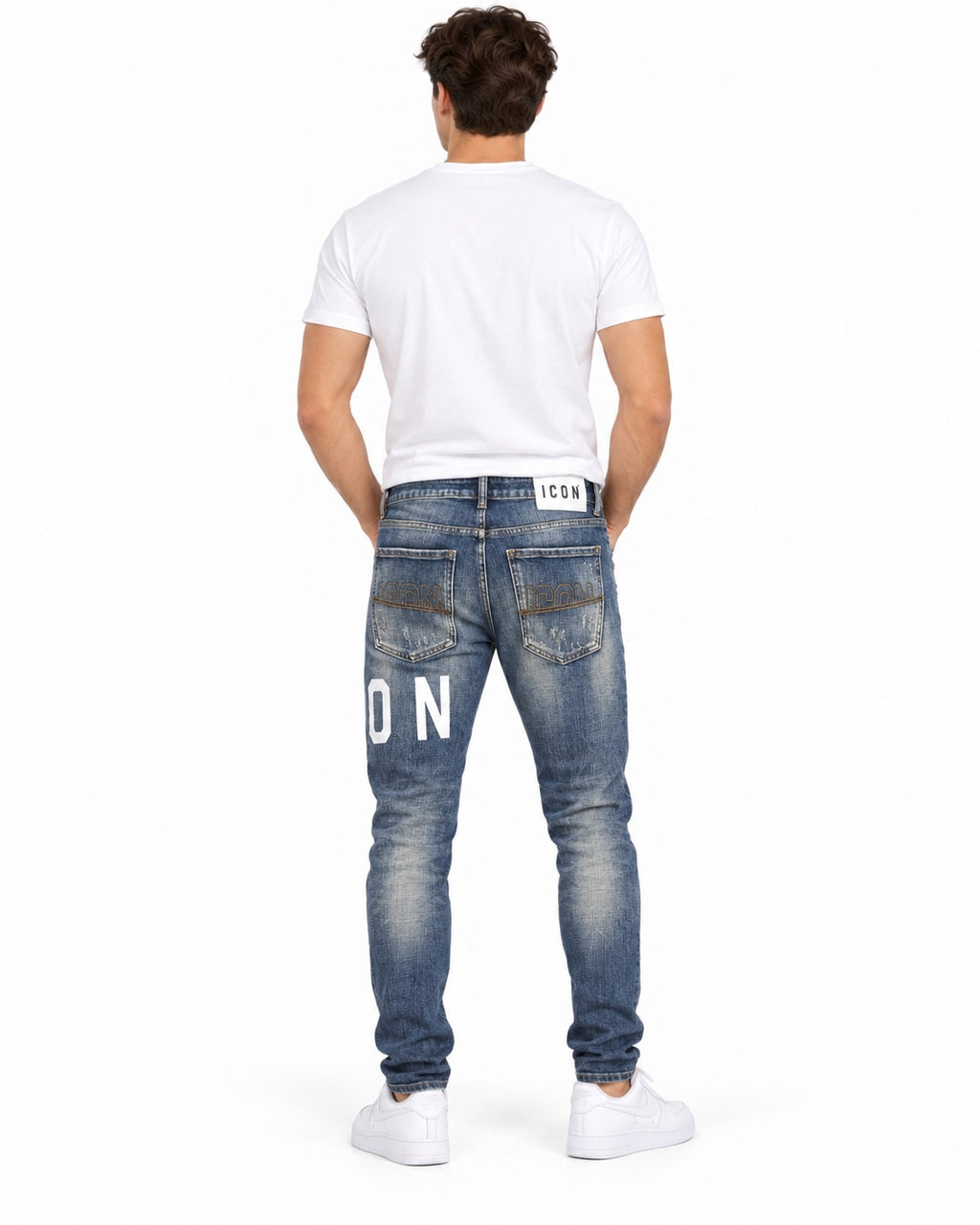 Jeans ICON blu con strappi e scritte - retro