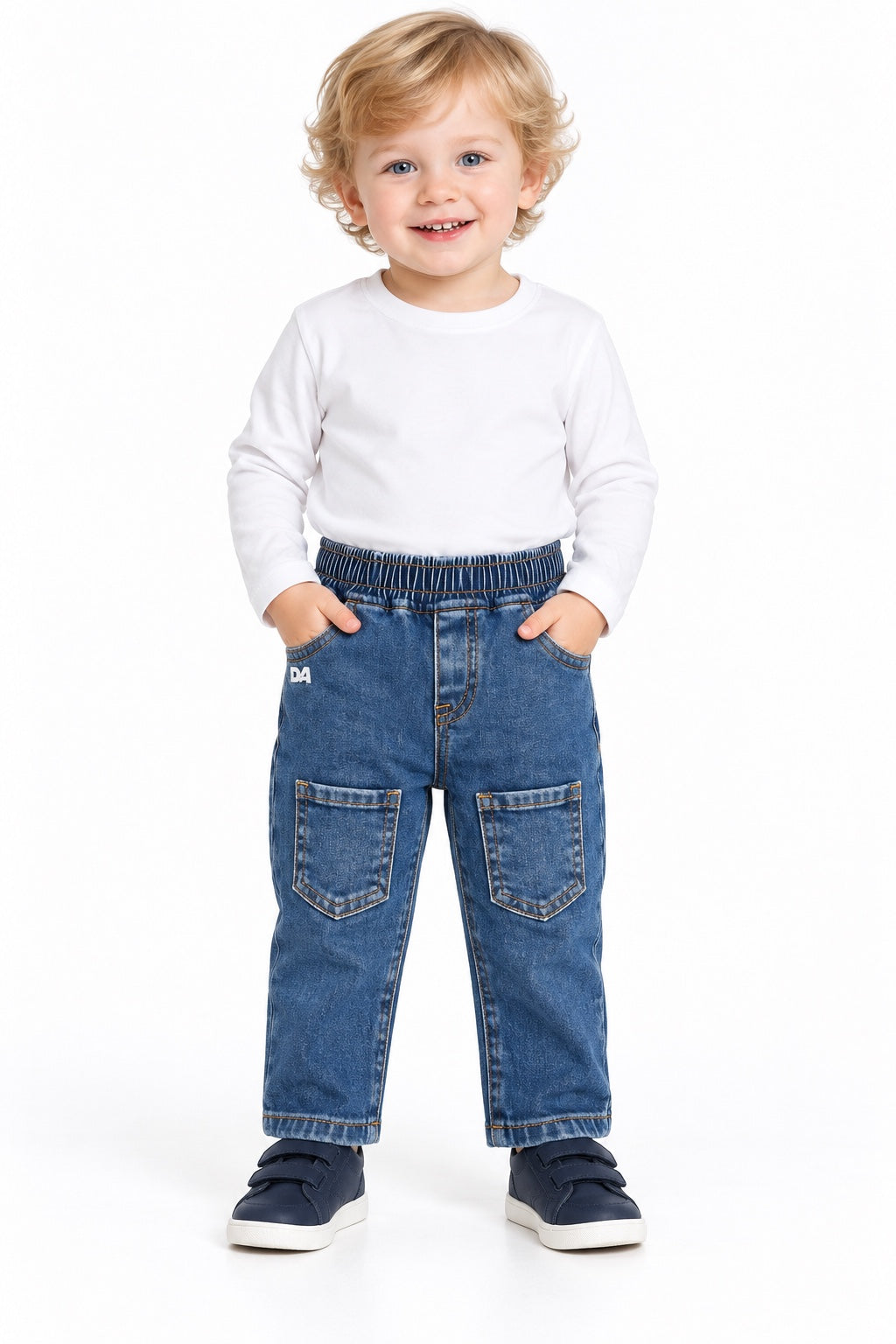 Jeans bambino blu con tasche frontali e vita elasticizzata