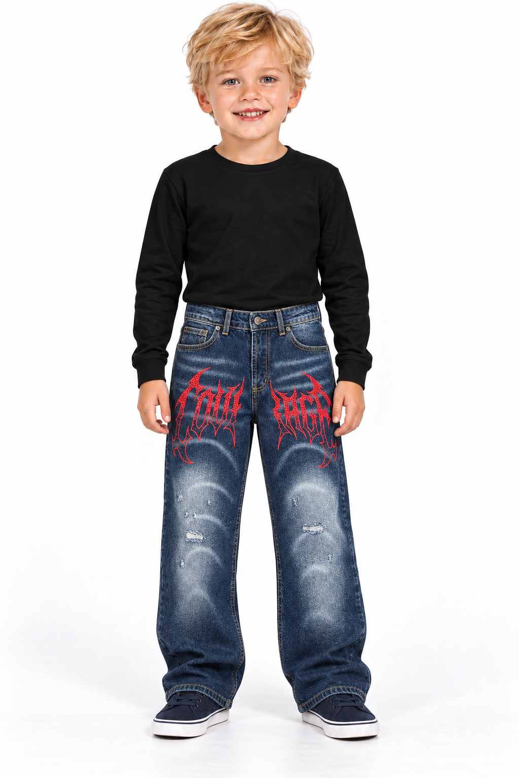 Jeans Reset 2.0 bambino denim blu con scritte rosse indossato