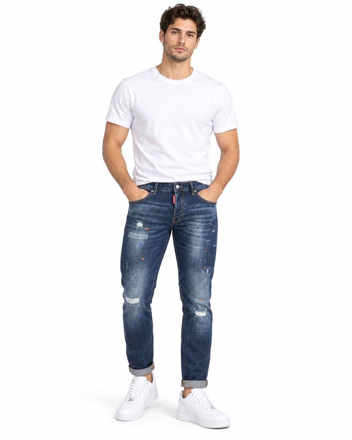 Jeans V.T.L blu con strappi e schizzi di colore - fronte