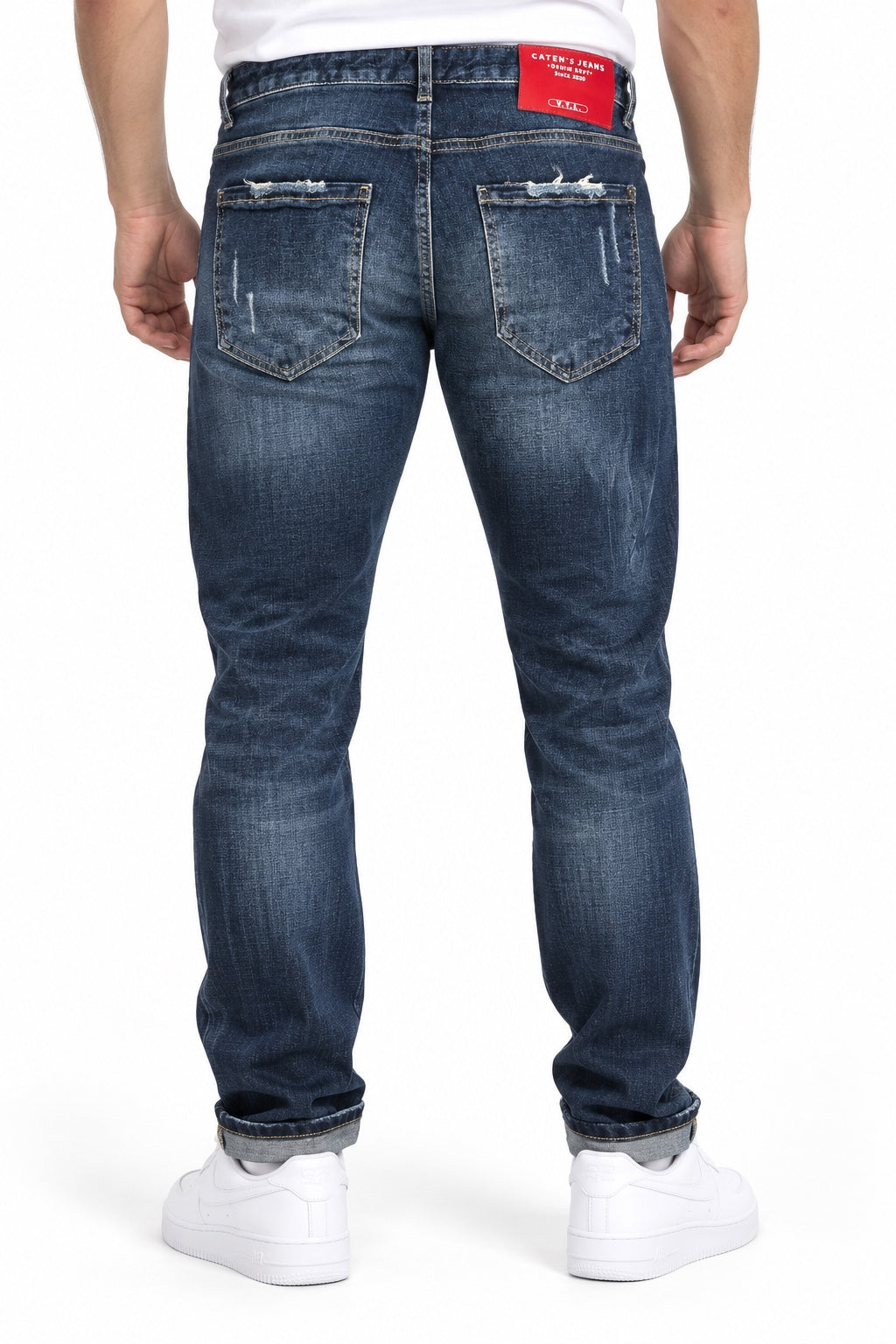 Jeans V.T.L blu con strappi e schizzi di colore - retro