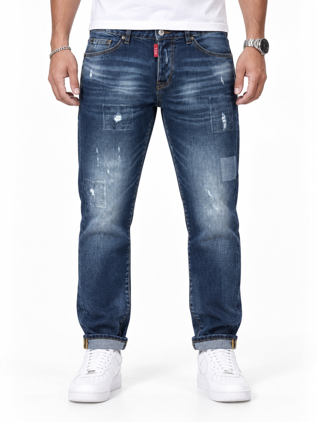 Jeans V.T.L skinny blu con dettagli rammendati - fronte