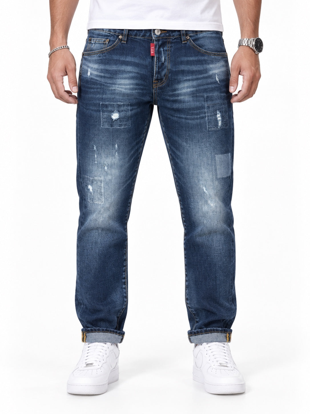 Jeans V.T.L skinny blu con dettagli rammendati - fronte