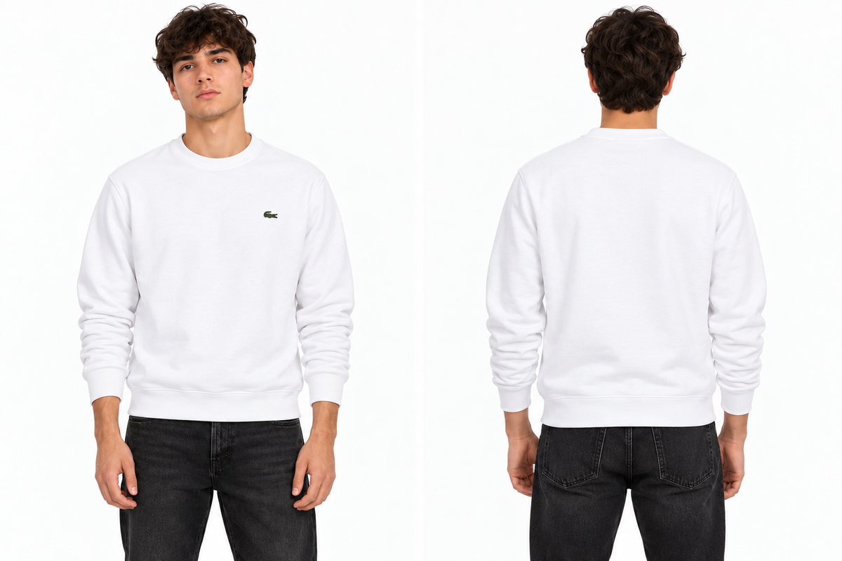 Felpa Lacoste uomo bianca, indossata dal modello Wonder Store, davanti e dietro
