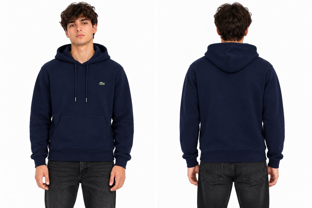 Felpa Lacoste uomo blu-cappuccio, indossata dal modello Wonder Store, davanti e dietro