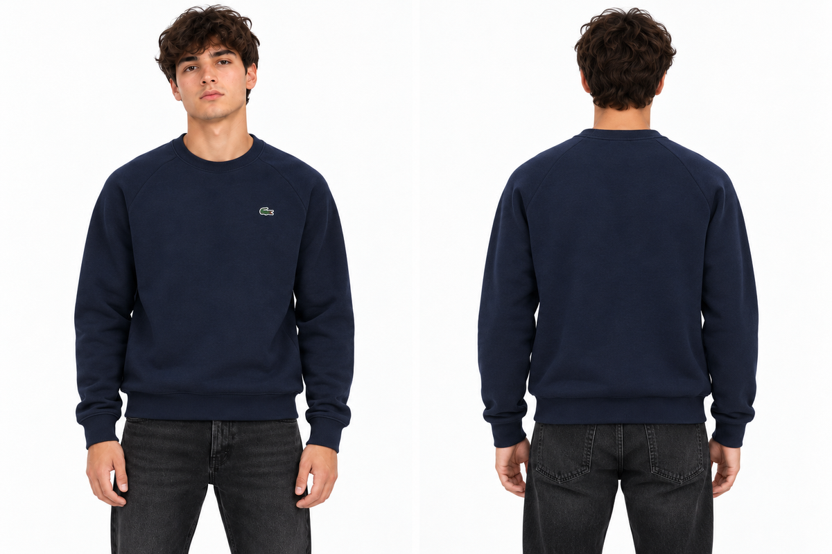 Felpa Lacoste uomo blu girocollo, indossata dal modello Wonder Store, davanti e dietro