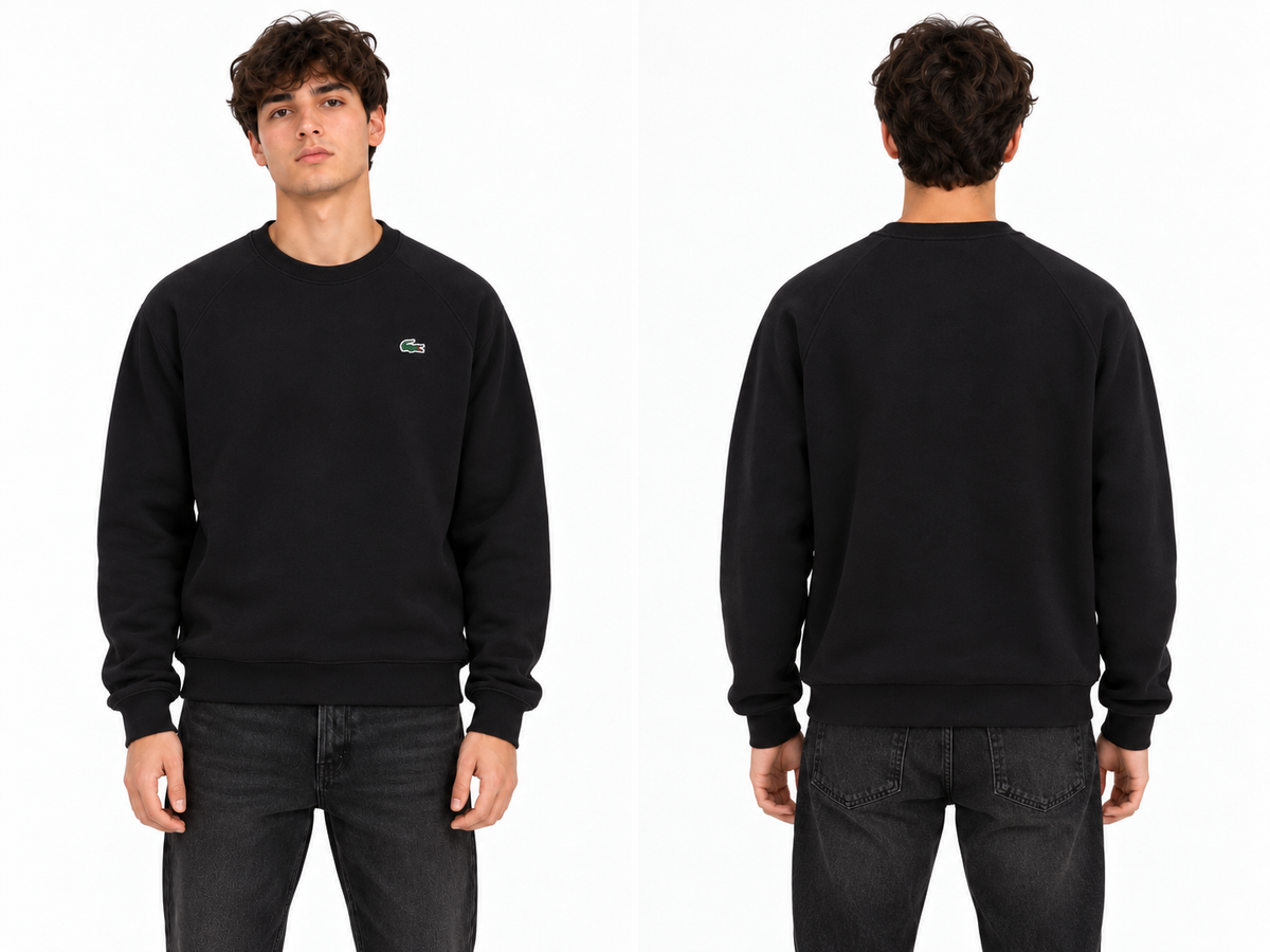 Felpa Lacoste uomo nera, indossata dal modello Wonder Store, davanti e dietro