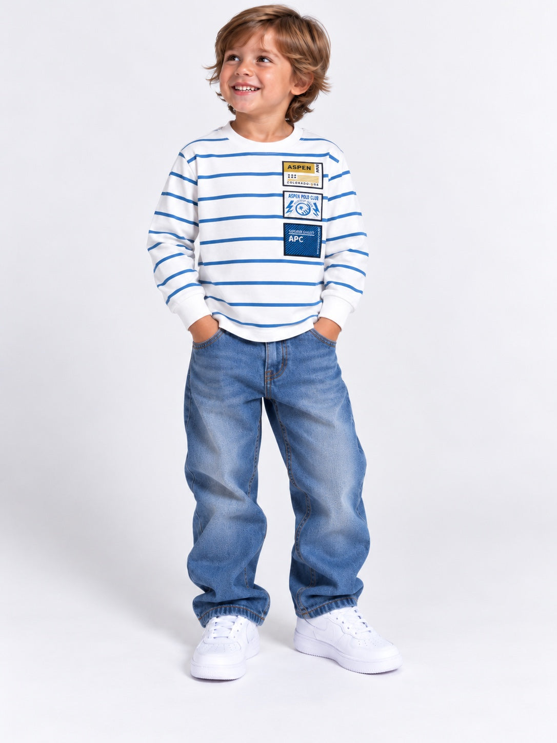 Maglia bambino Aspen Polo Club bianca a righe blu indossata