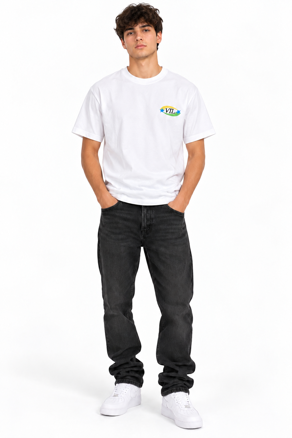 T-shirt bianca VTL stelle fronte sul modello