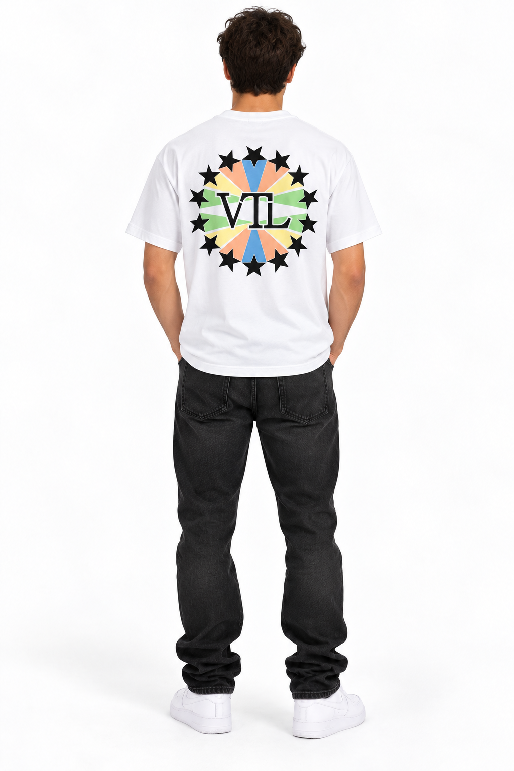 T-shirt bianca VTL stelle retro sul modello