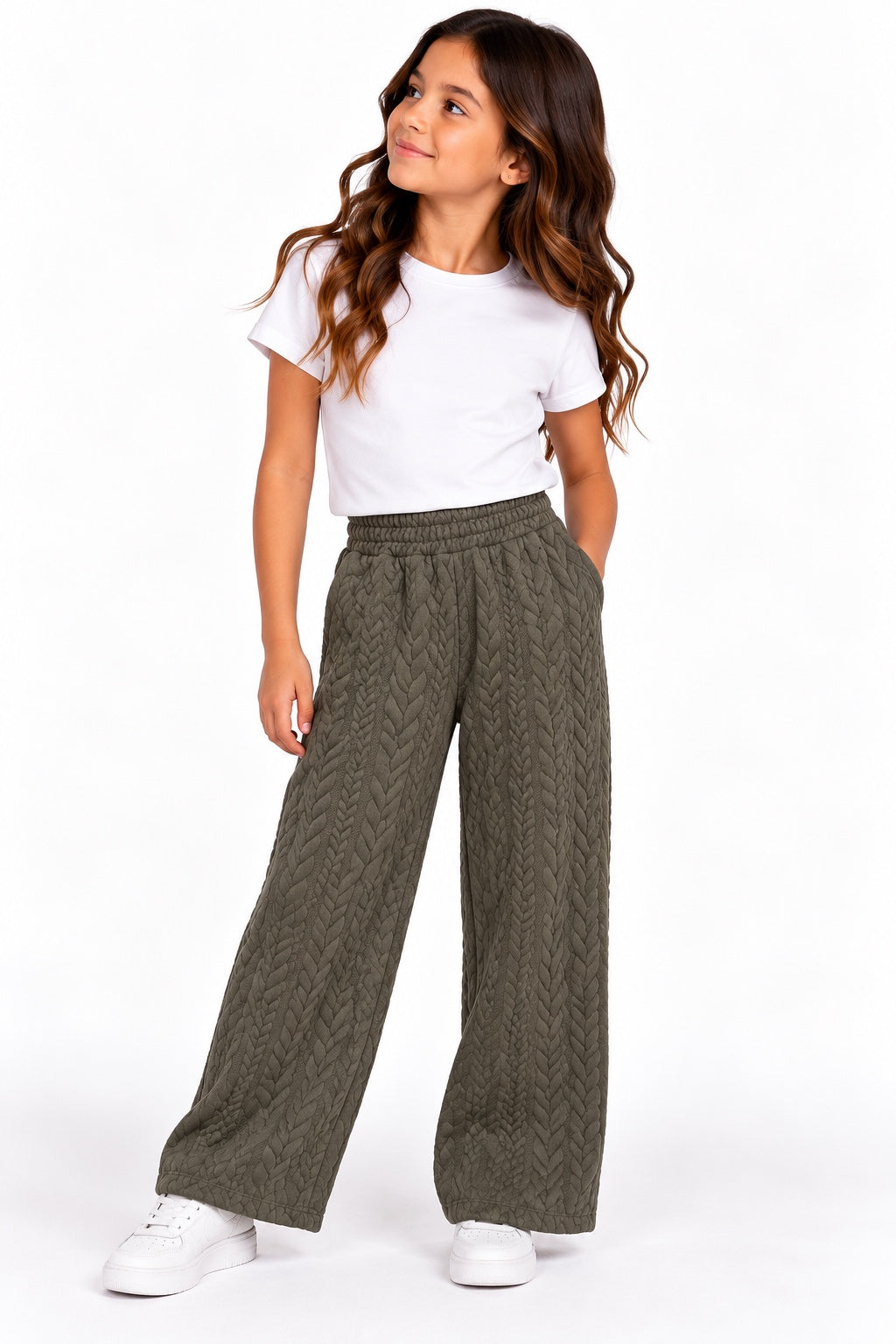 Pantalone bambina verde oliva a gamba larga con motivo a trecce