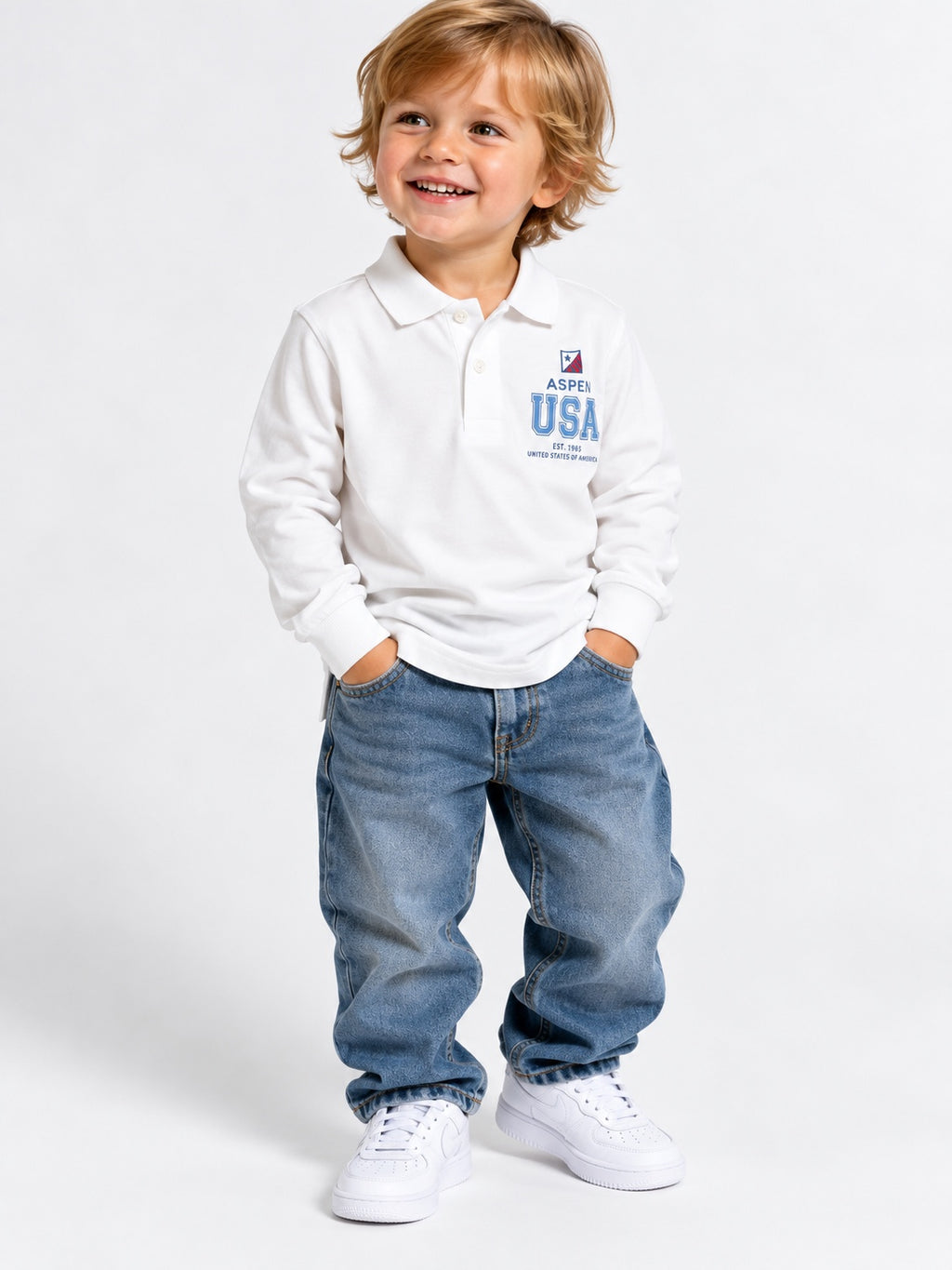 Polo bambino Aspen Polo Club bianca indossata fronte
