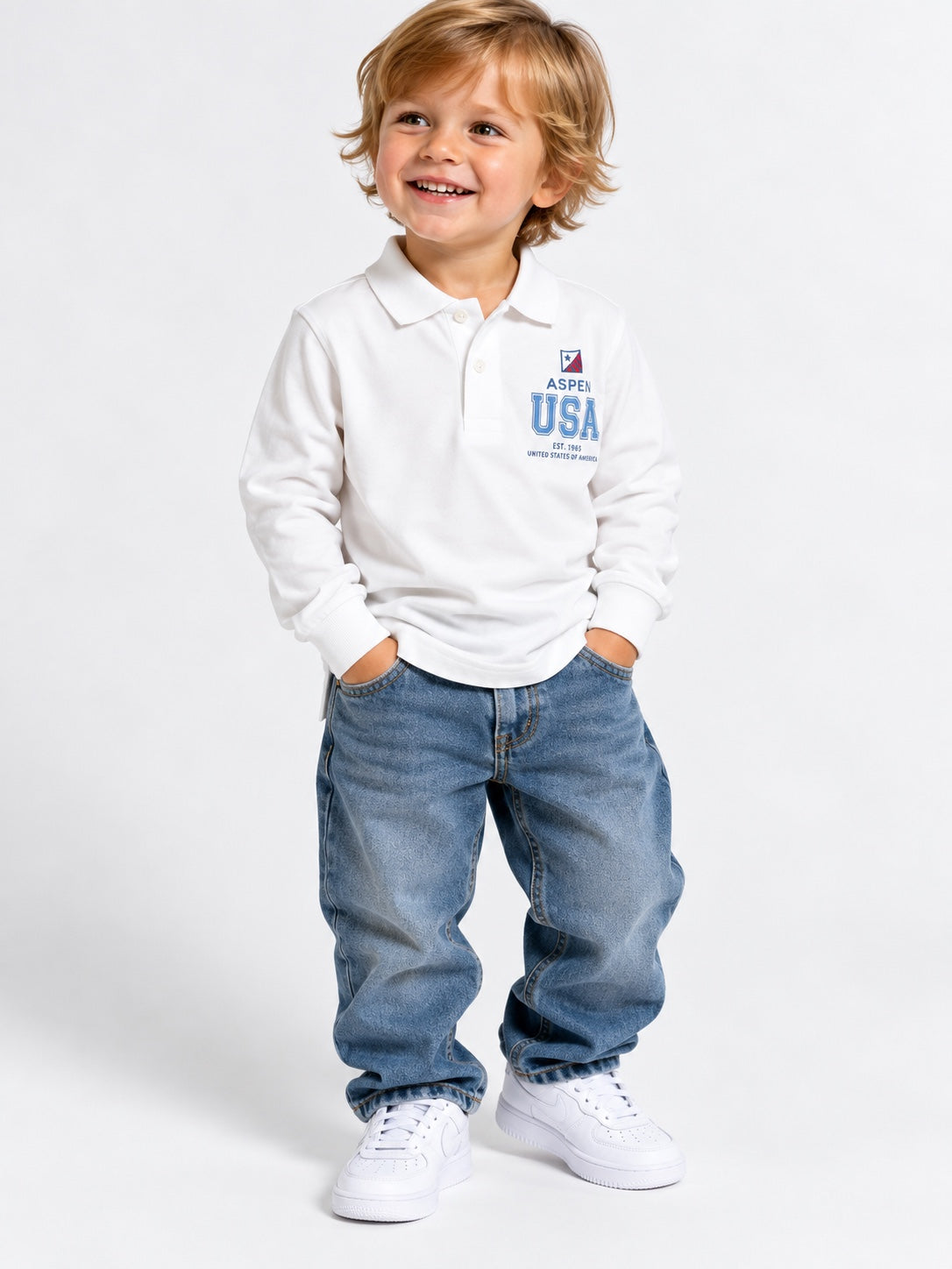 Polo bambino Aspen Polo Club bianca indossata fronte