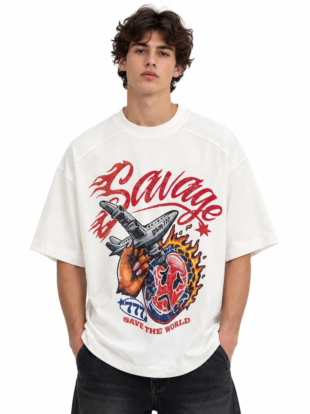 T-shirt oversize bianca con stampa Savage - fronte