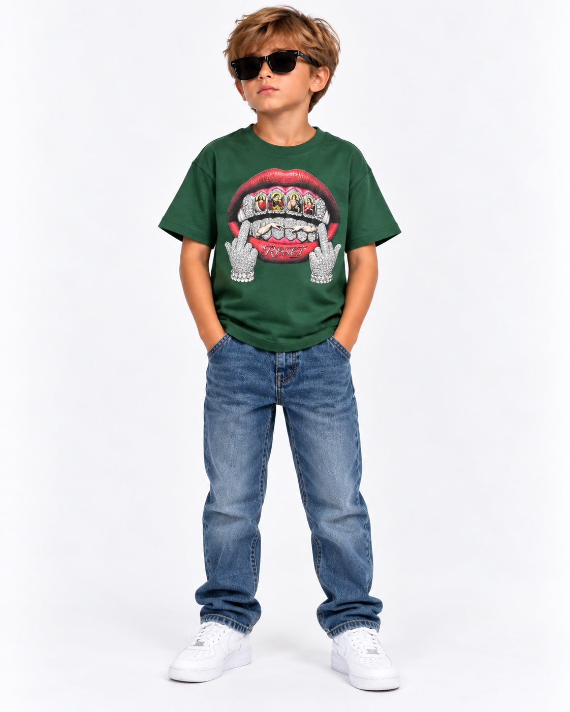 T-shirt bambino Reset 2.0 verde con stampa bocca