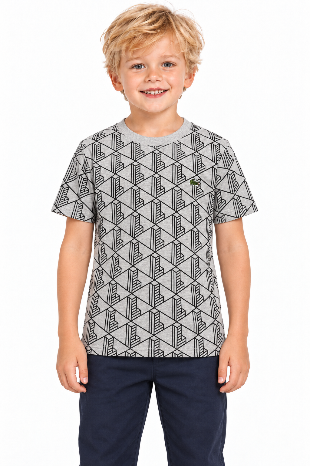 T-shirt Lacoste monogramma bambino grigia indossata
