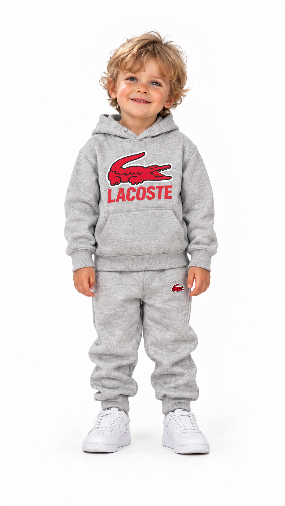 Tuta Lacoste Kids grigia con logo rosso indossata dal bambino della home