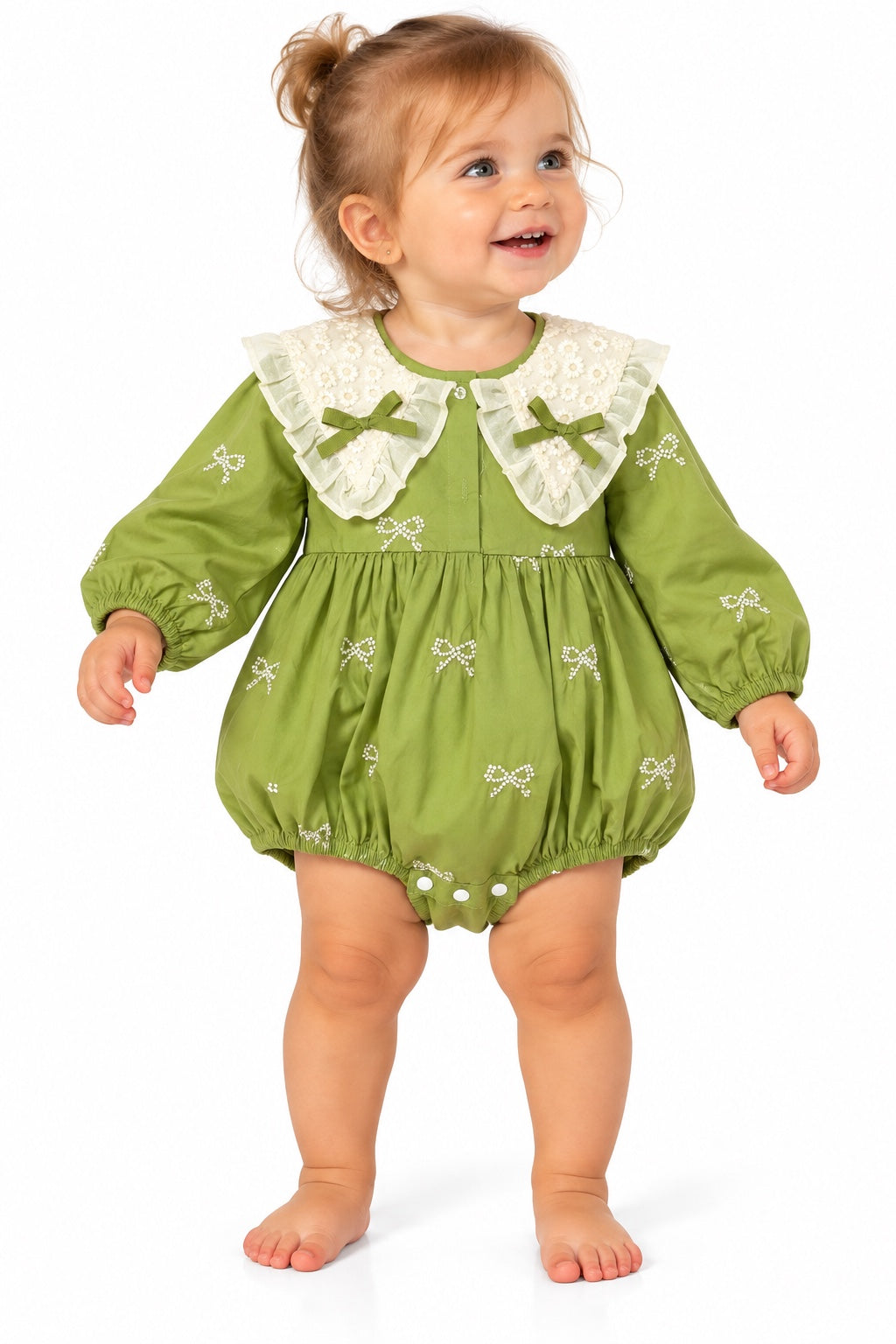 Tutina bambina Linea Marùi verde con fiocchi e colletto panna