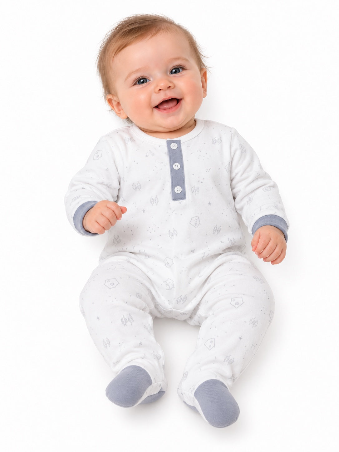 Tutina neonato Babidu bianca con piccole fantasie e dettagli grigi